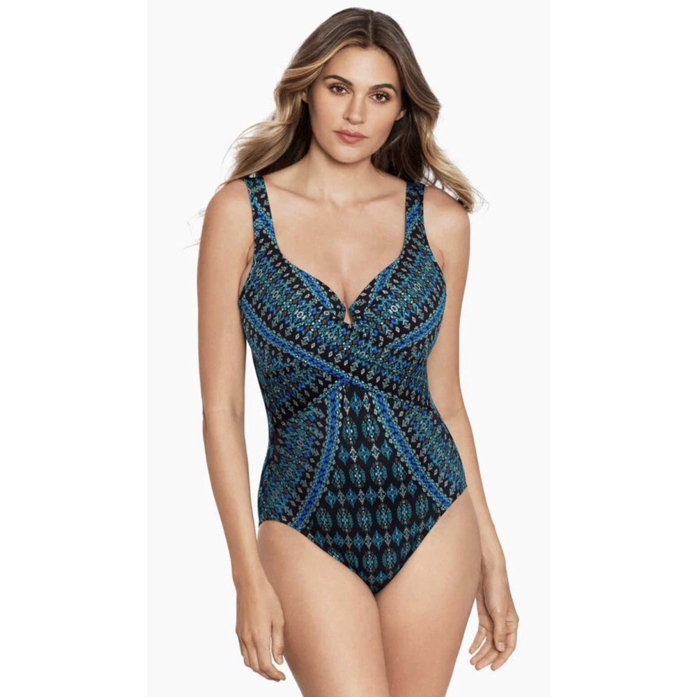Miraclesuit One Piece Swimsuit 10 Black Multi Criss Cross Escape 6553676